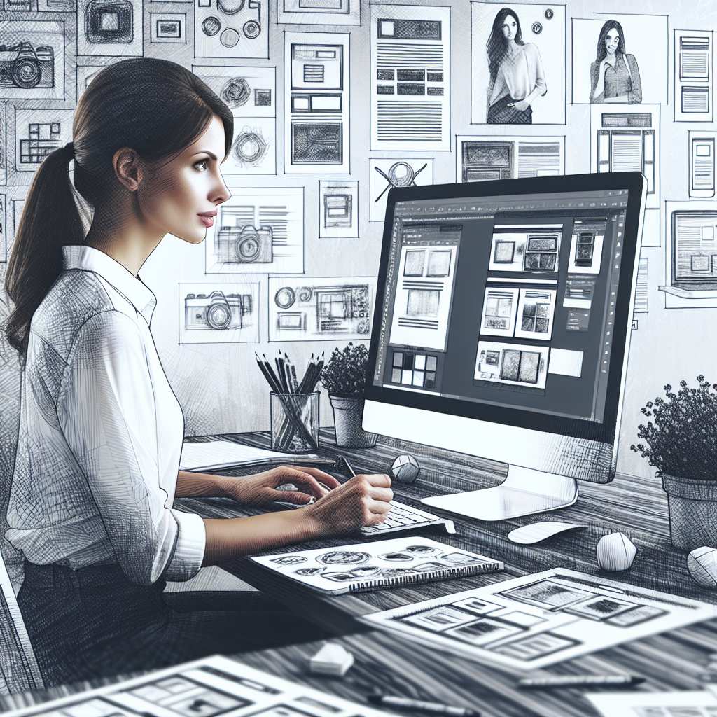 Un designer travaillant sur un ordinateur avec des croquis de design de site web.