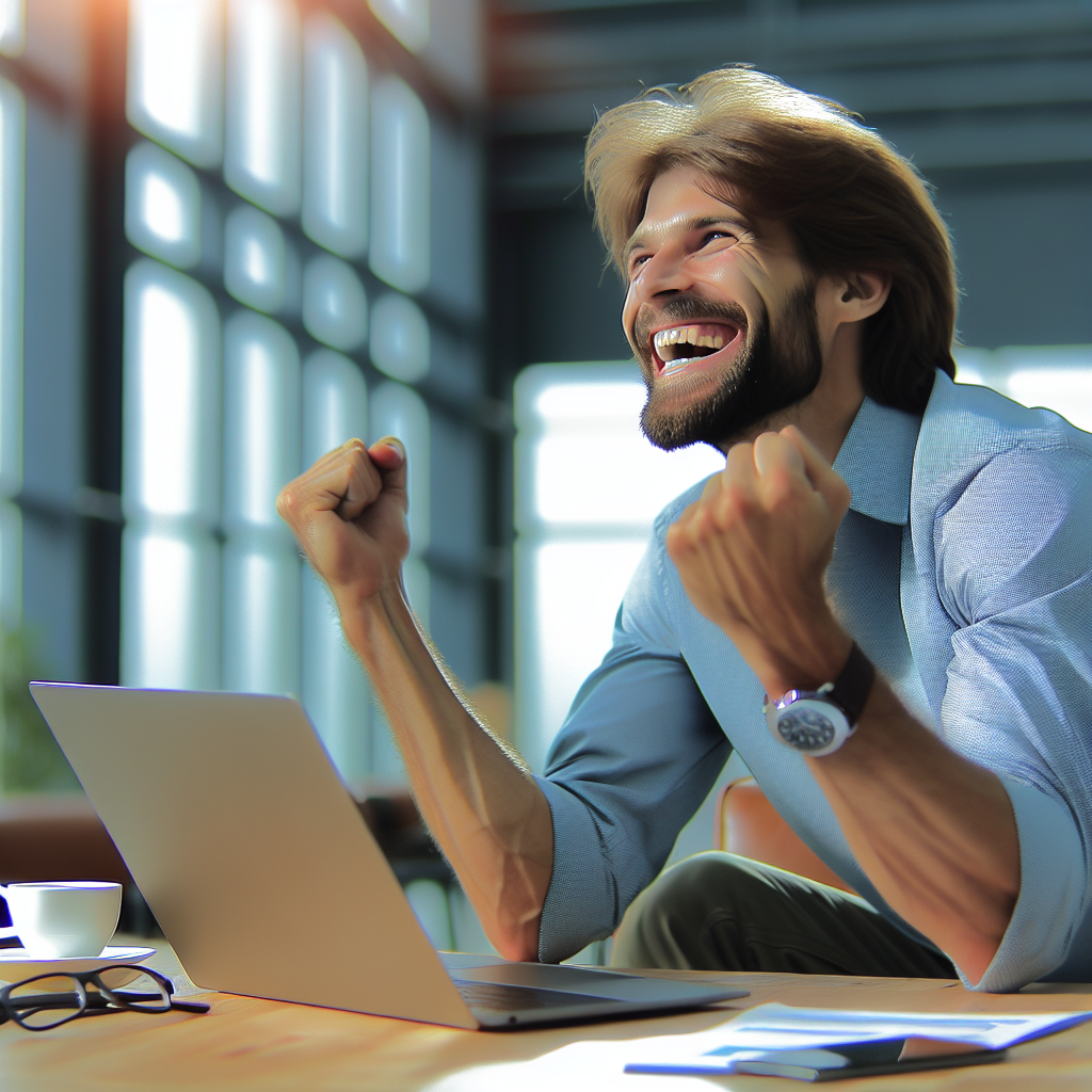 Un entrepreneur souriant travaillant sur un ordinateur portable, symbolisant la simplicité d'utilisation de SiteW.