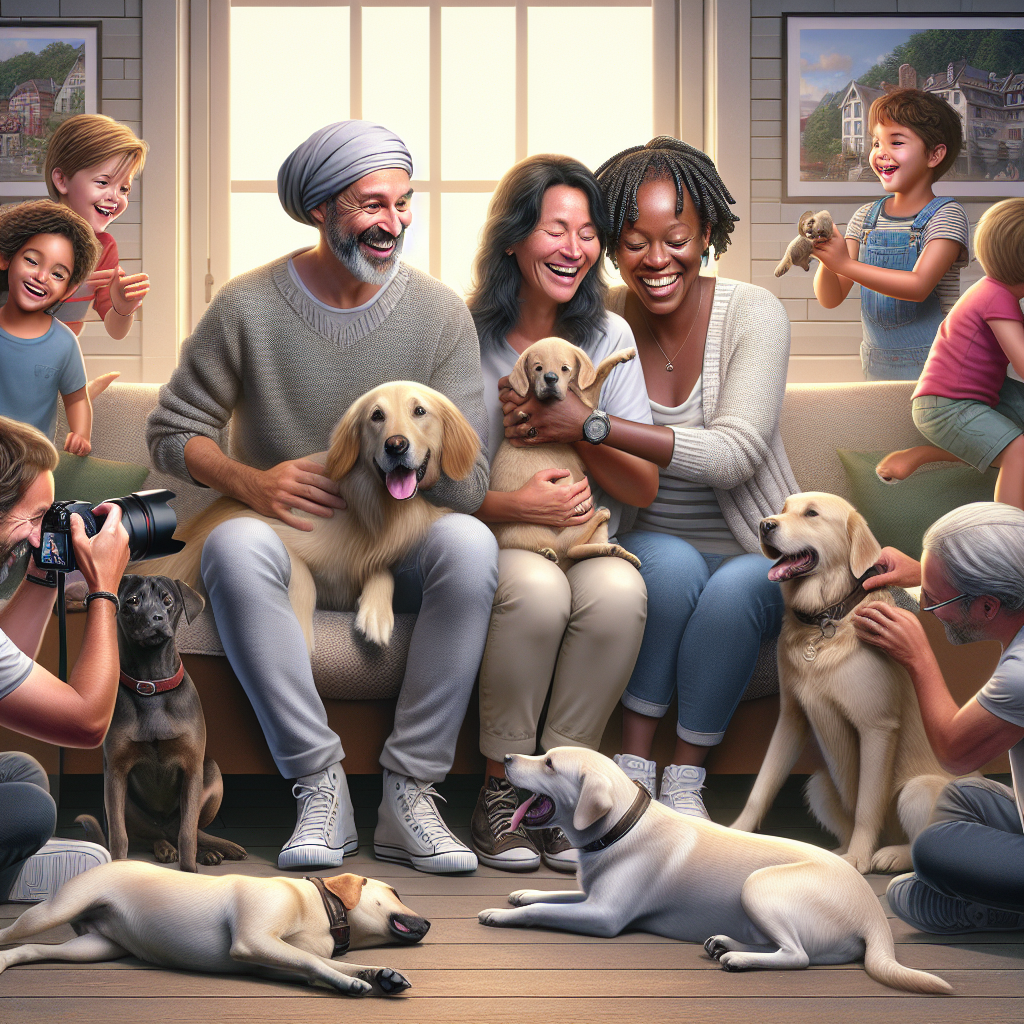 Un groupe diversifié de personnes interagissant avec des animaux de compagnie.