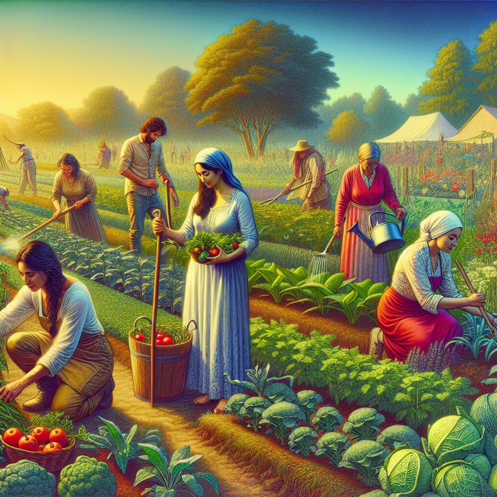 Un groupe diversifié de personnes dans un jardin de permaculture.