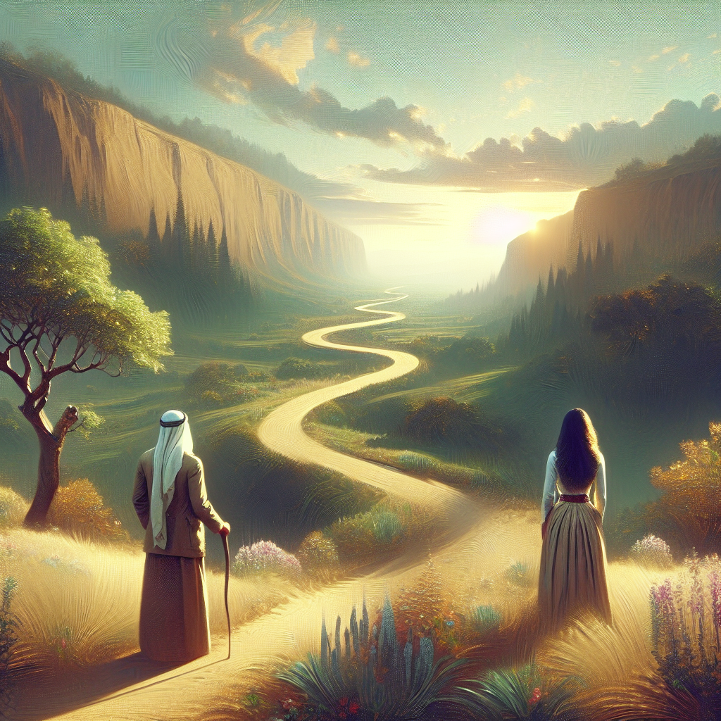 Un paysage serein avec un chemin menant vers l'horizon, symbolisant le choix de la voie à suivre.