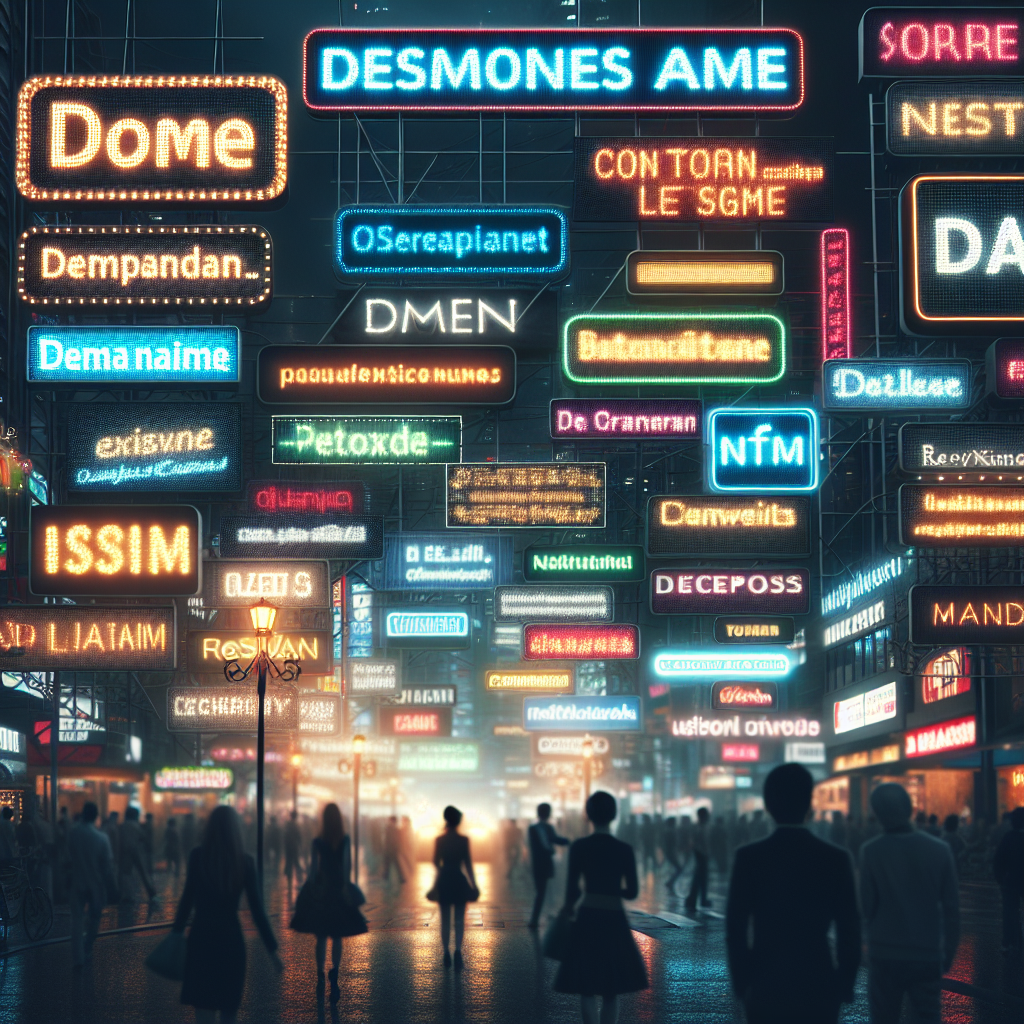 Un paysage urbain avec des enseignes lumineuses représentant des noms de domaine créatifs.
