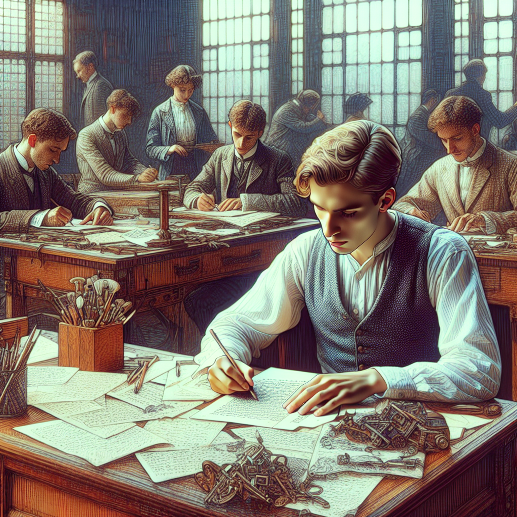 Un rédacteur concentré, entouré de notes et de croquis, travaillant sur du contenu engageant.