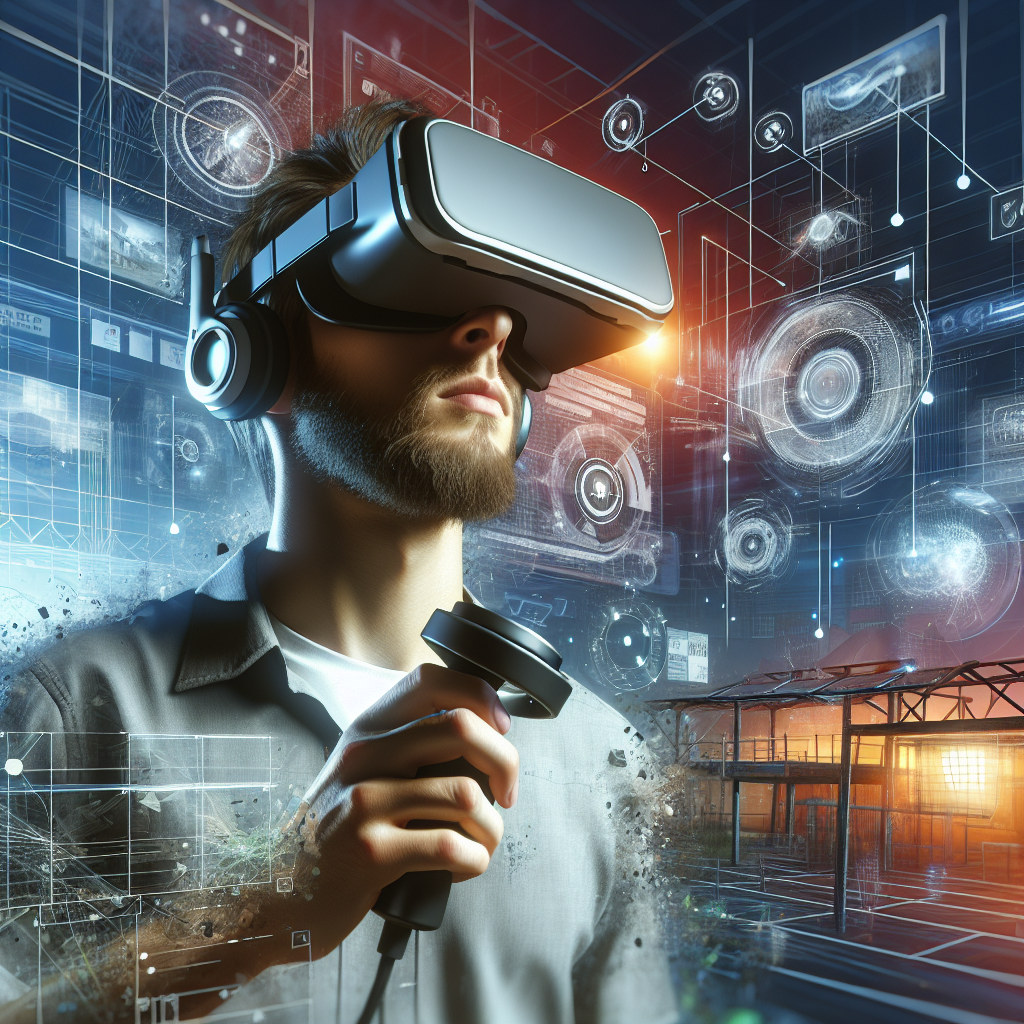 Une personne portant un casque de réalité virtuelle, interagissant avec un environnement numérique.