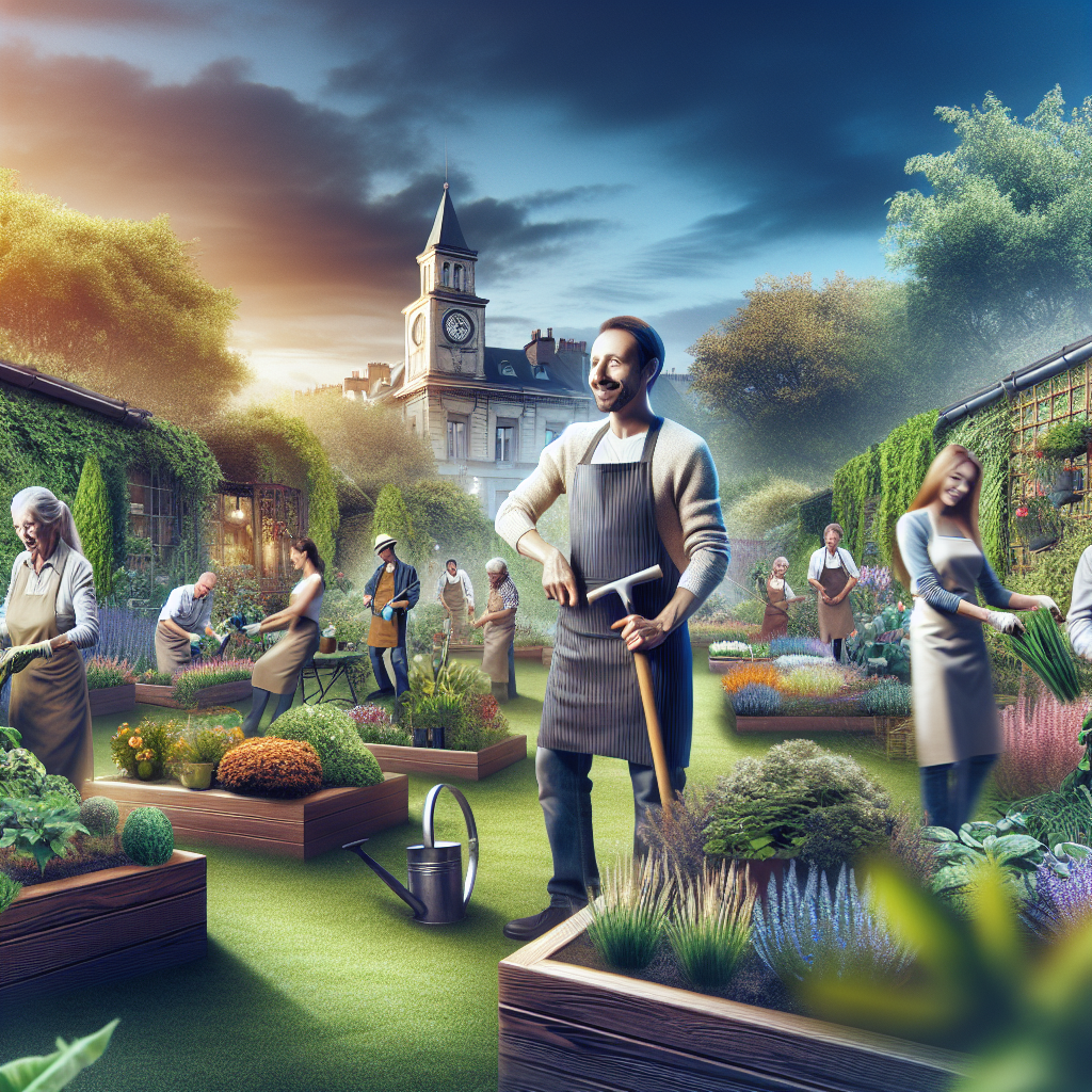 Des jardiniers urbains satisfaits travaillant dans un jardin bien entretenu.