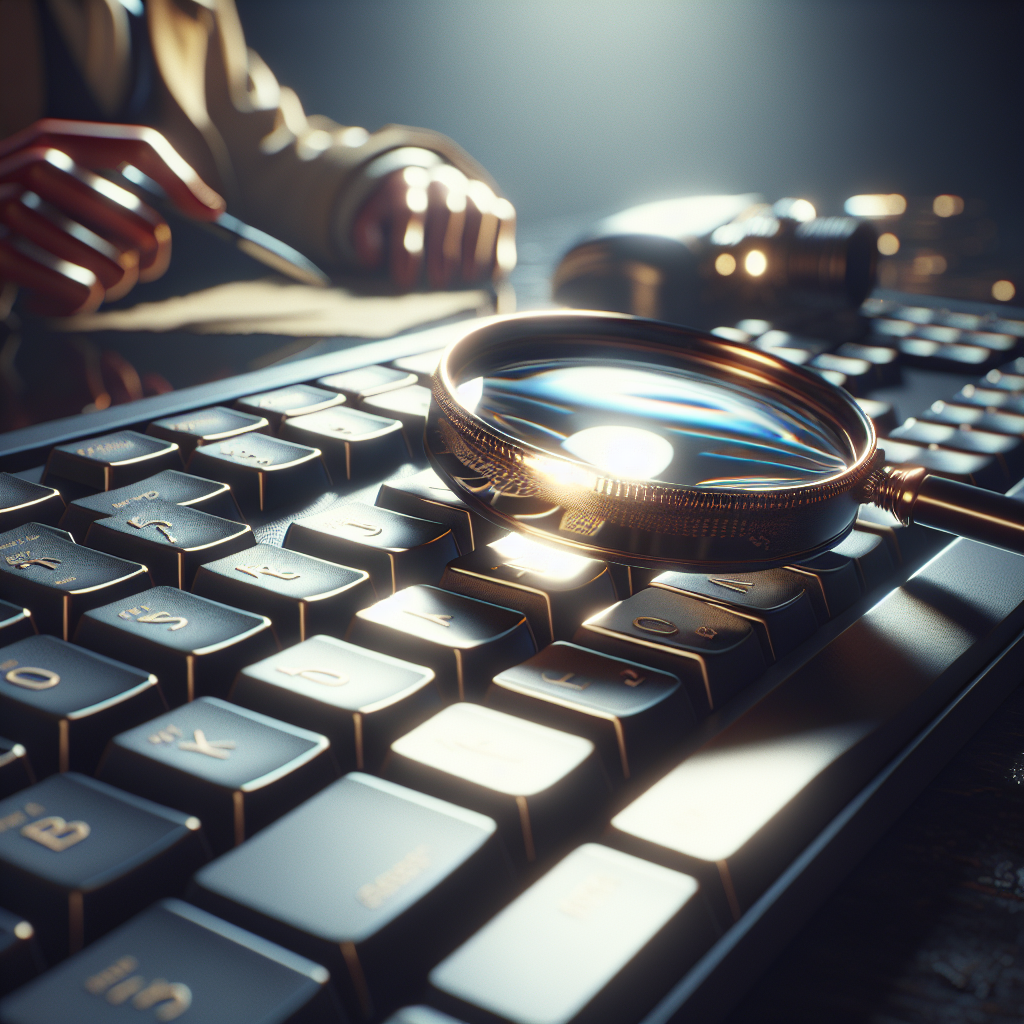 Image d'un clavier d'ordinateur avec une loupe, symbolisant la recherche de nom de domaine.