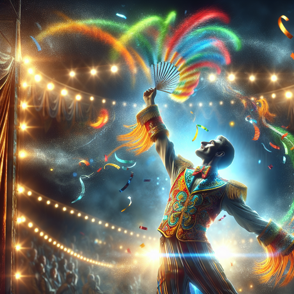 Un artiste de cirque en costume coloré réalisant une performance artistique.