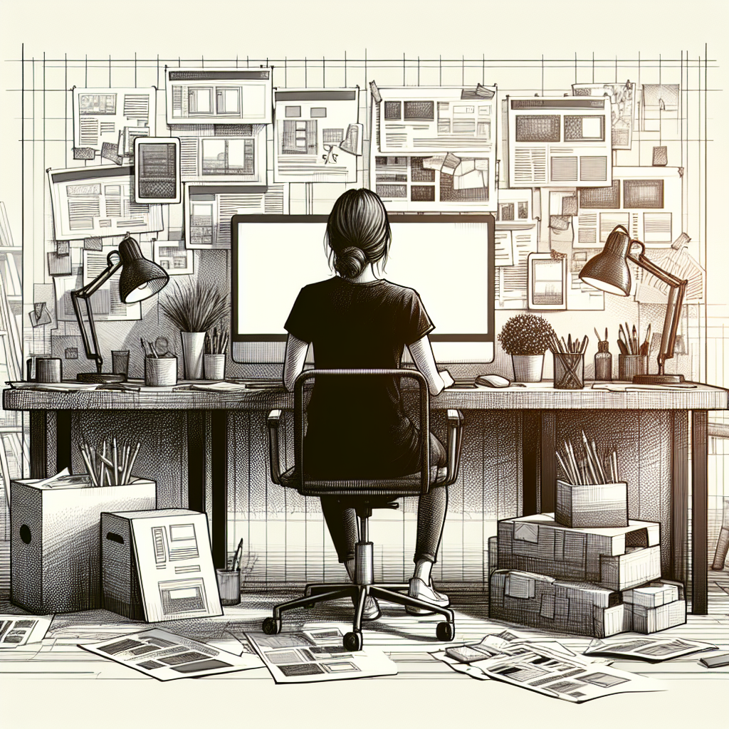 Un designer graphique travaillant sur un ordinateur avec des croquis de design web autour.
