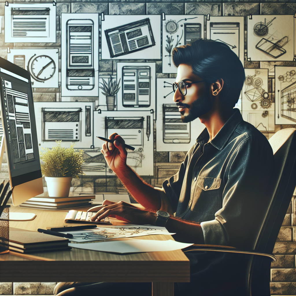Un designer travaillant sur un ordinateur avec des croquis de site web autour.