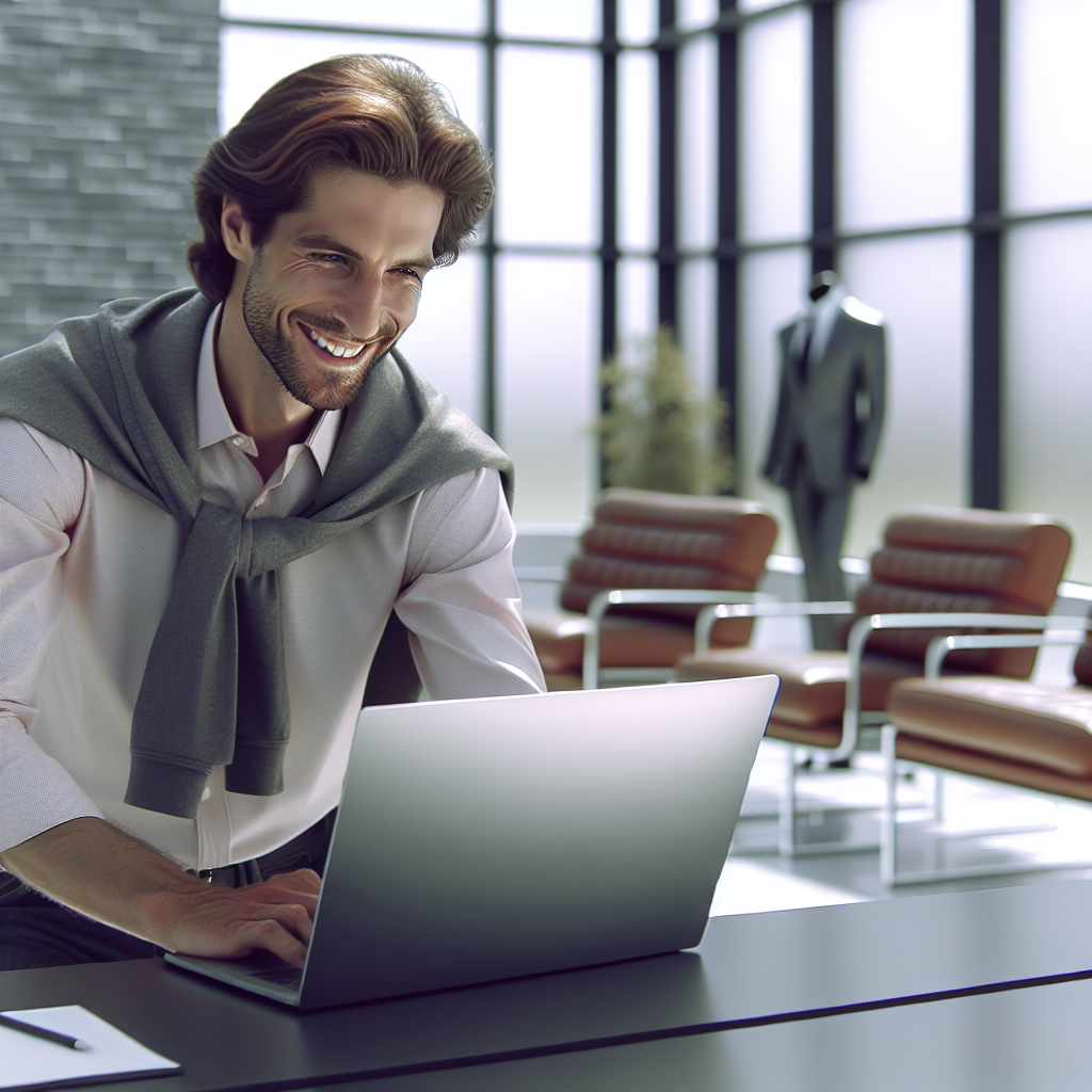 Un entrepreneur souriant utilisant un ordinateur portable dans un environnement de bureau moderne.