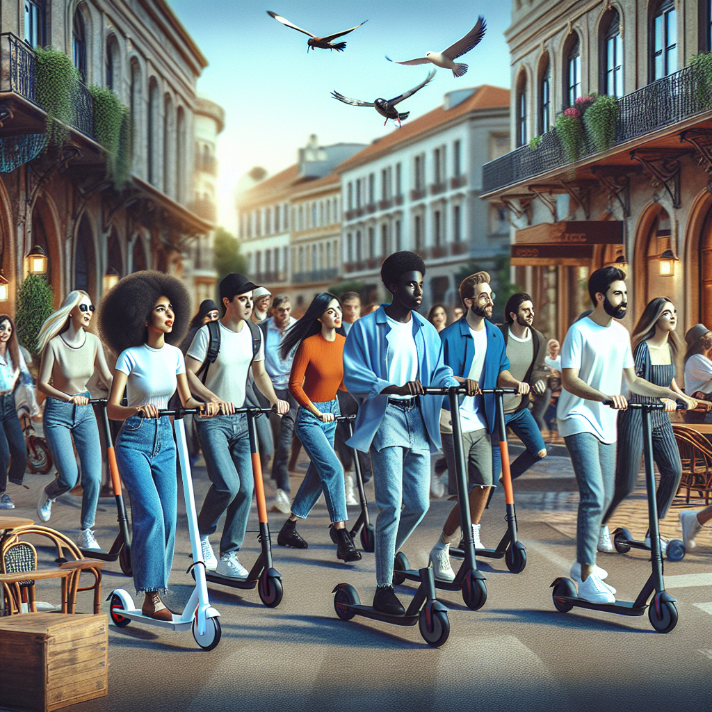 Un groupe diversifié de personnes utilisant des trottinettes électriques en ville.