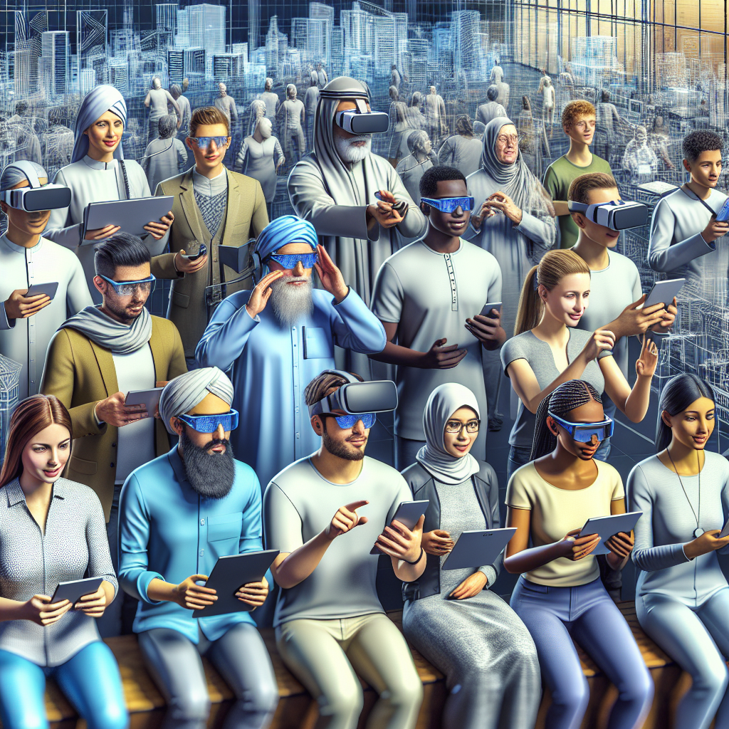 Un groupe diversifié de personnes utilisant des appareils de réalité augmentée.