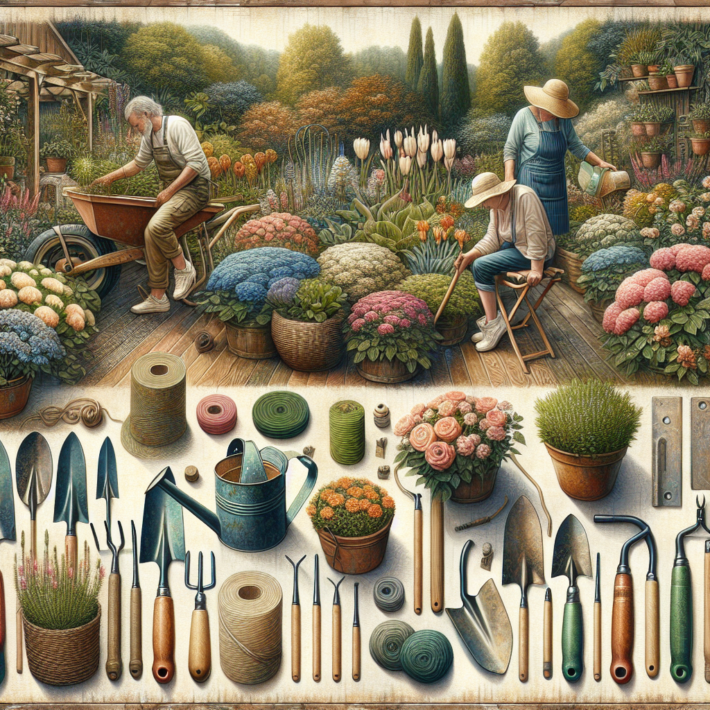 Un jardin avec divers outils de jardinage exposés
