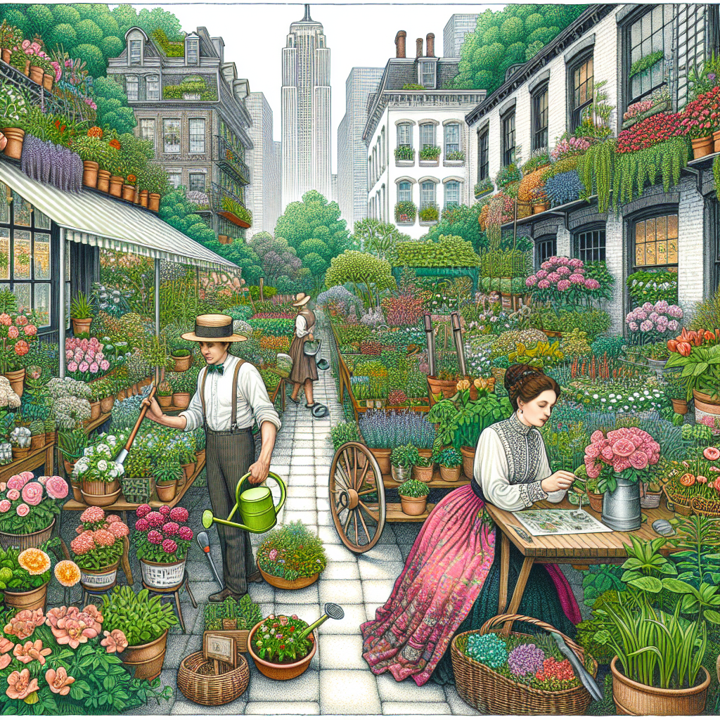 Un jardin urbain avec des plantes et des outils de jardinage.