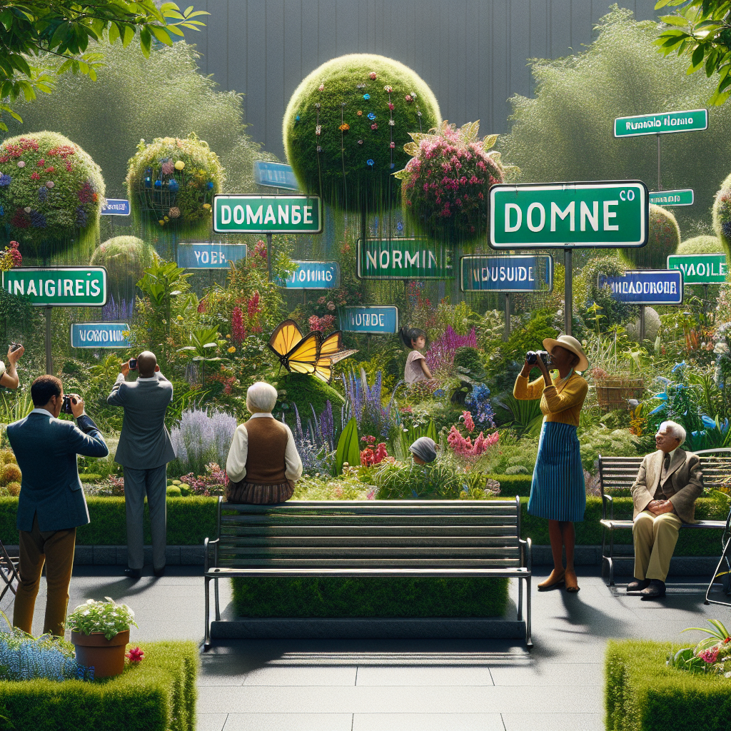 Un jardin urbain luxuriant avec des panneaux de nom de domaine imaginaires.