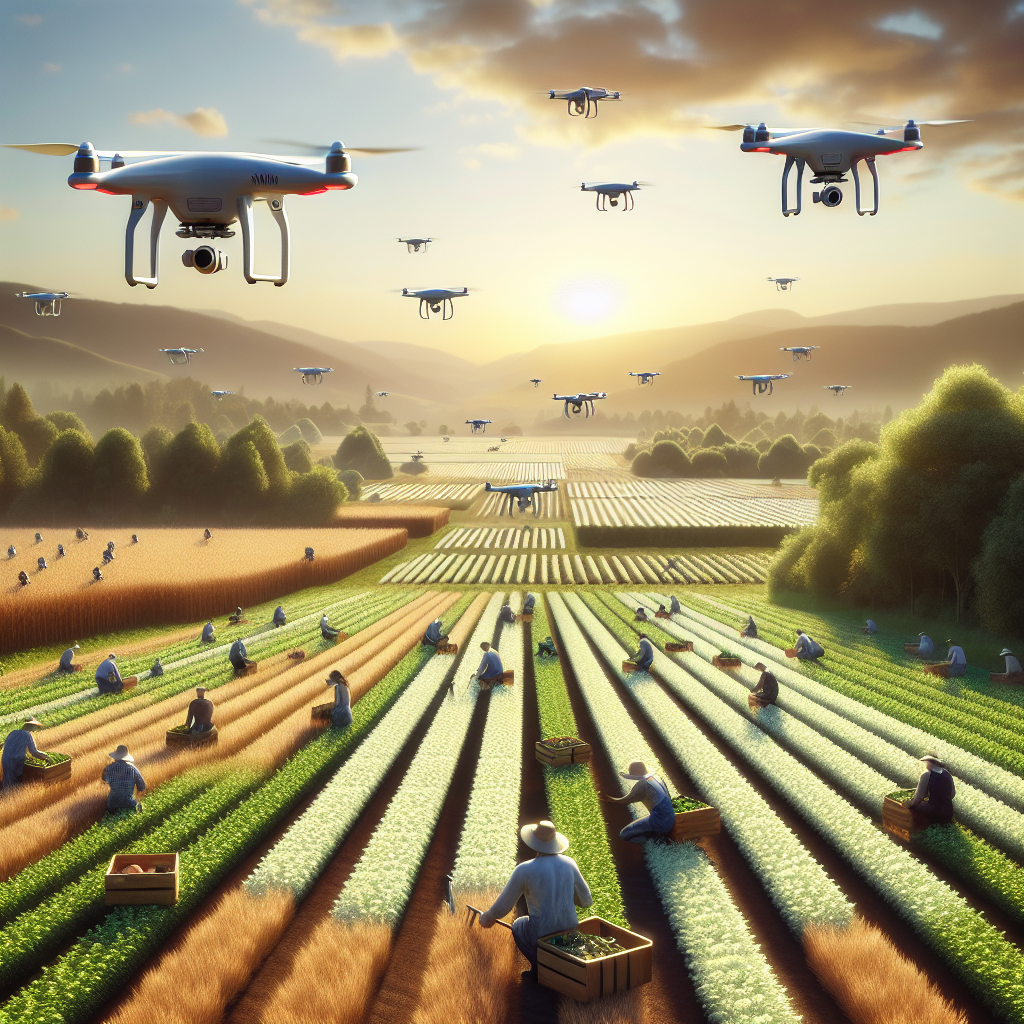 Un paysage agricole avec des drones survolant les champs.