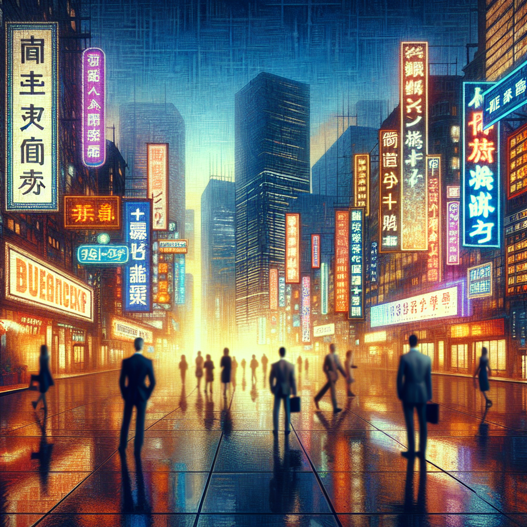 Un paysage urbain avec des enseignes lumineuses représentant des noms de domaine créatifs.