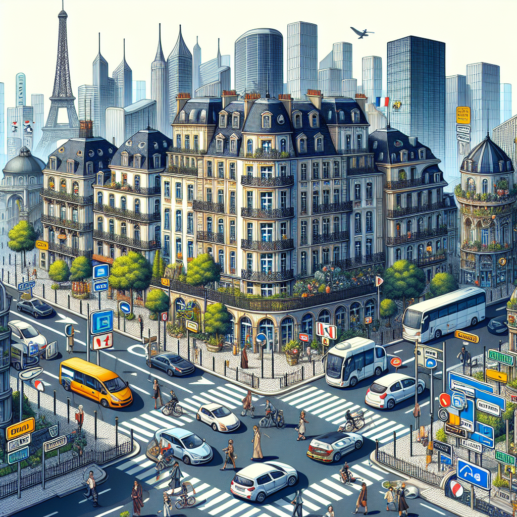 Un paysage urbain avec des panneaux de signalisation portant des noms de domaine fictifs.