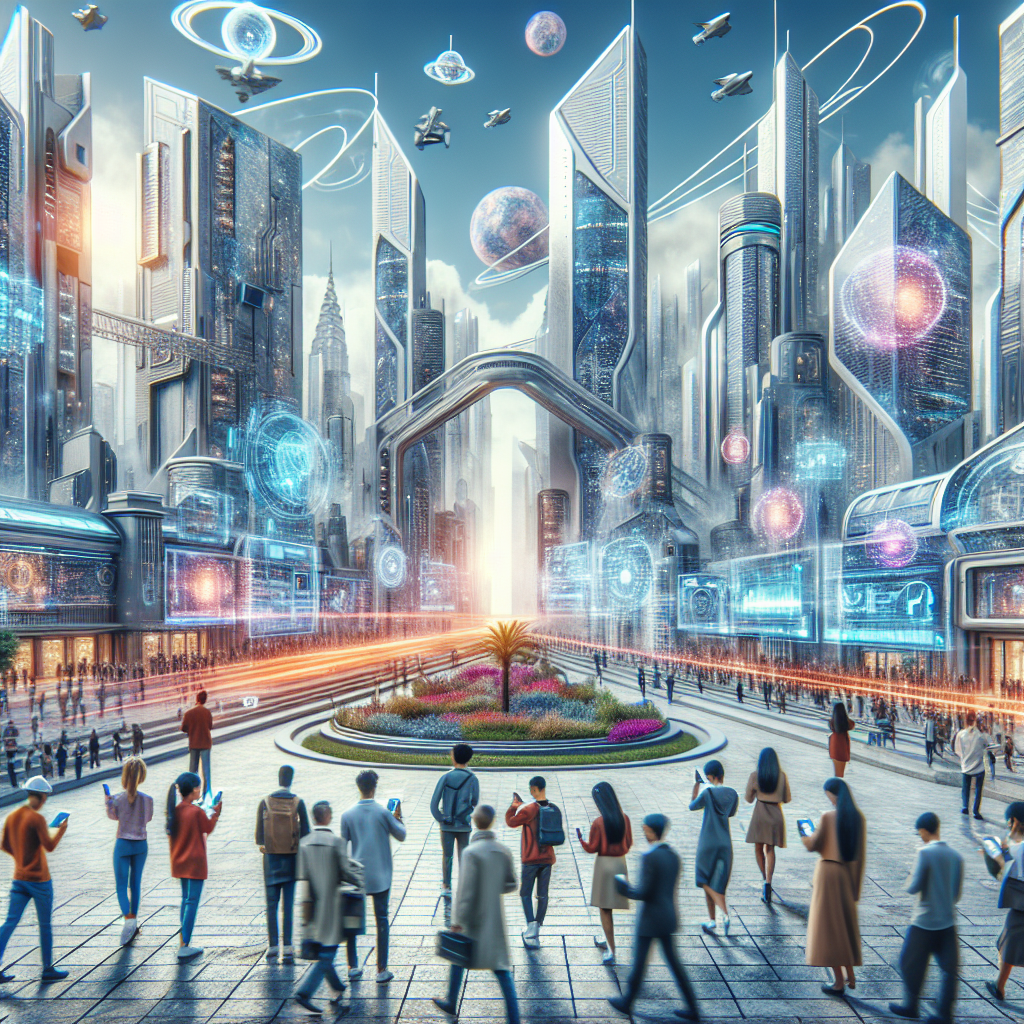 Un paysage urbain futuriste avec des éléments de réalité augmentée intégrés.