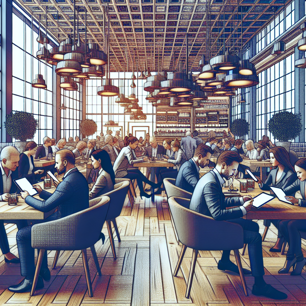 Un restaurant moderne avec des clients utilisant des appareils numériques.