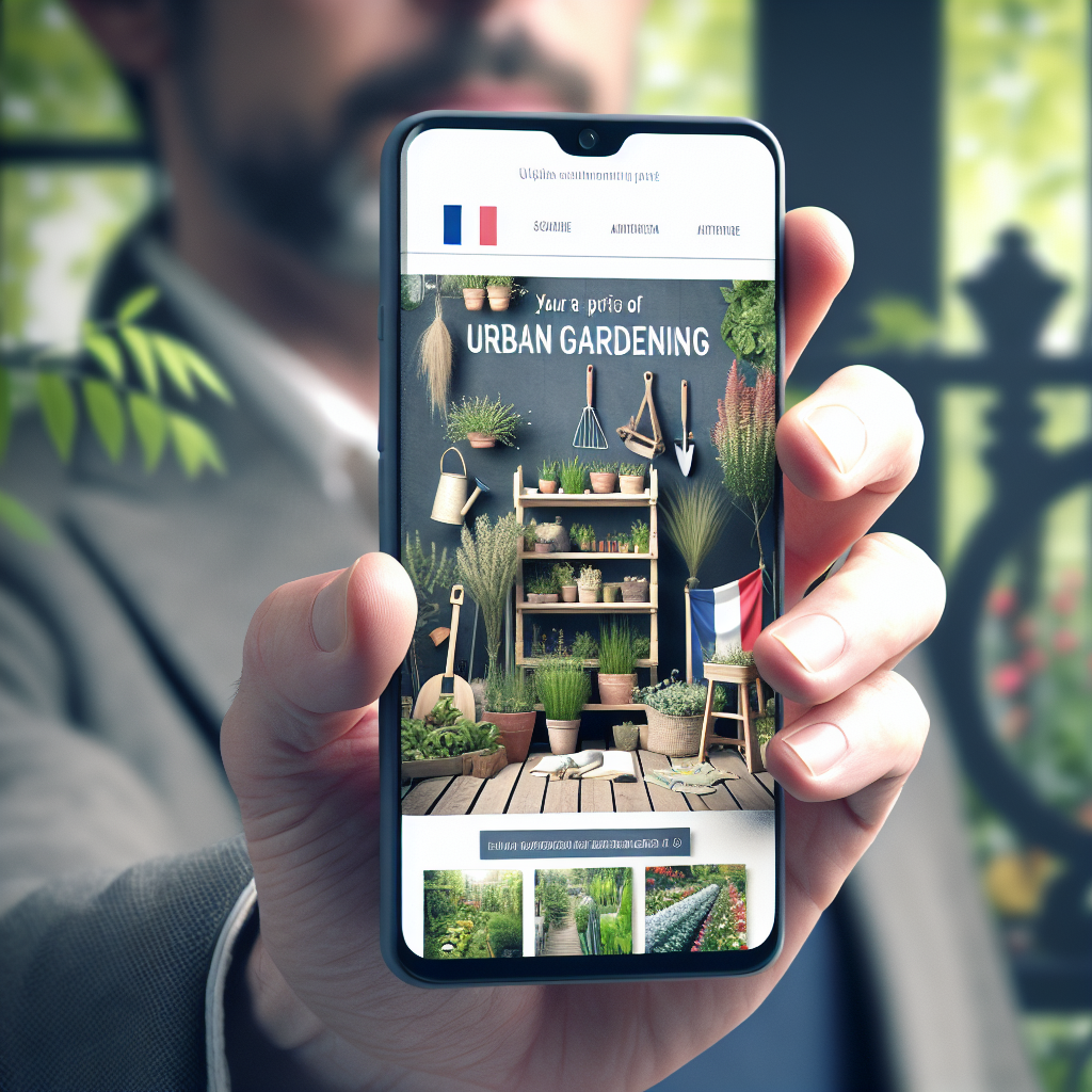 Un smartphone affichant un site web de jardinage urbain bien optimisé.