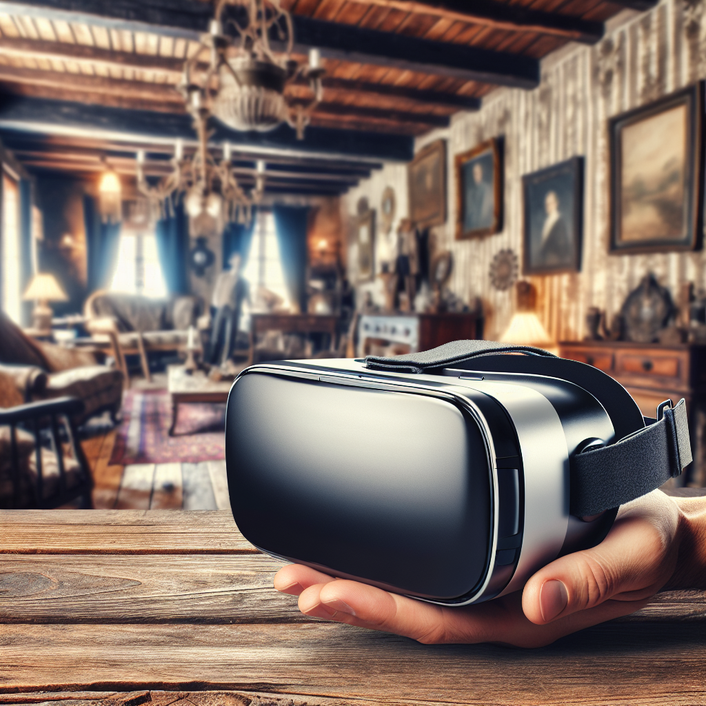 Des lunettes de réalité virtuelle posées sur une table avec un fond flou.