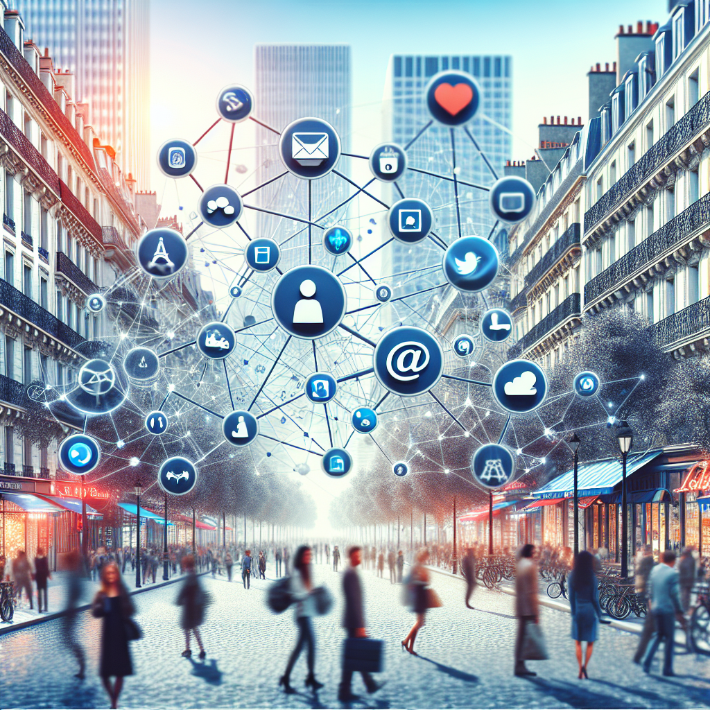 Icônes de réseaux sociaux connectées par des lignes.