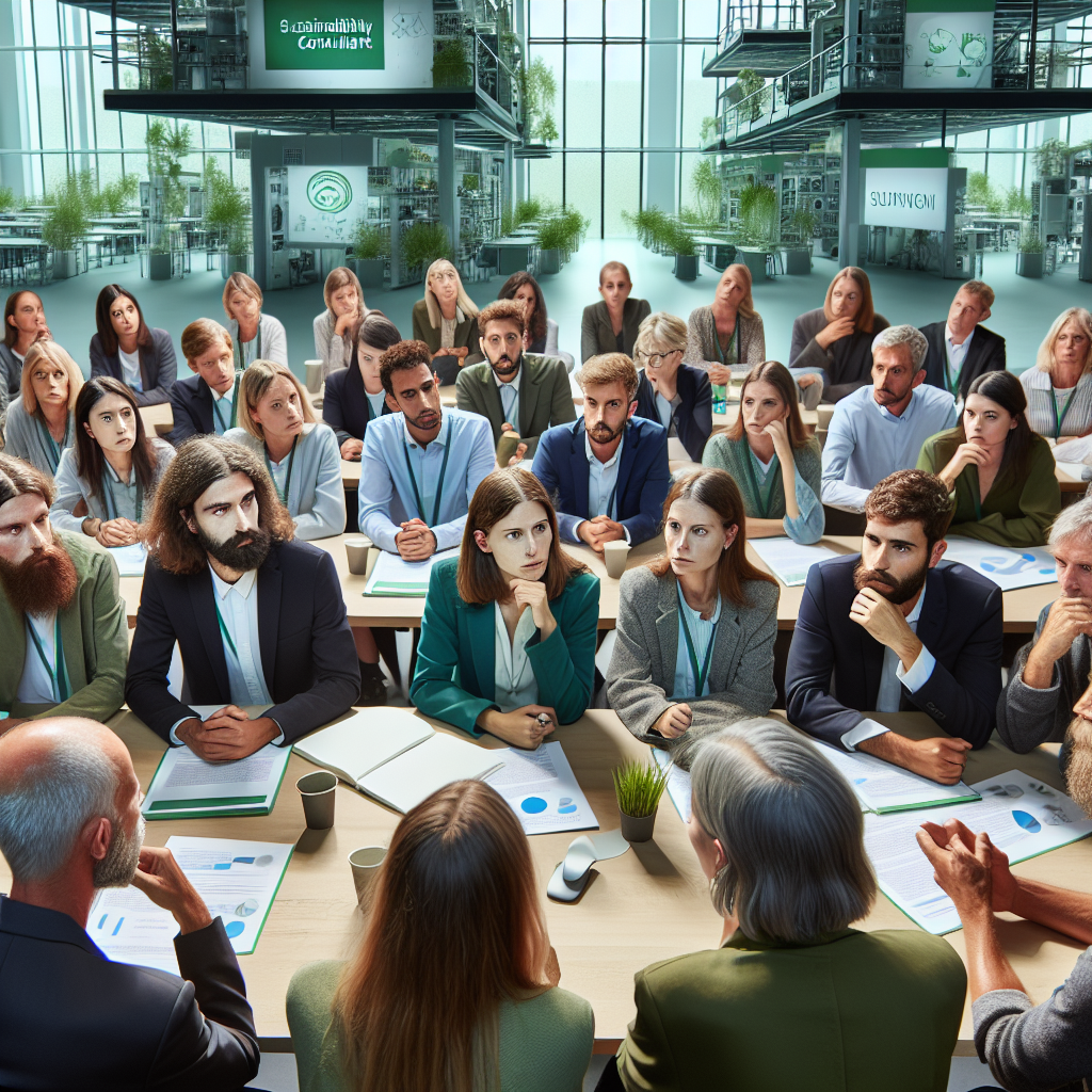 Image d'un consultant en développement durable discutant avec des clients potentiels.