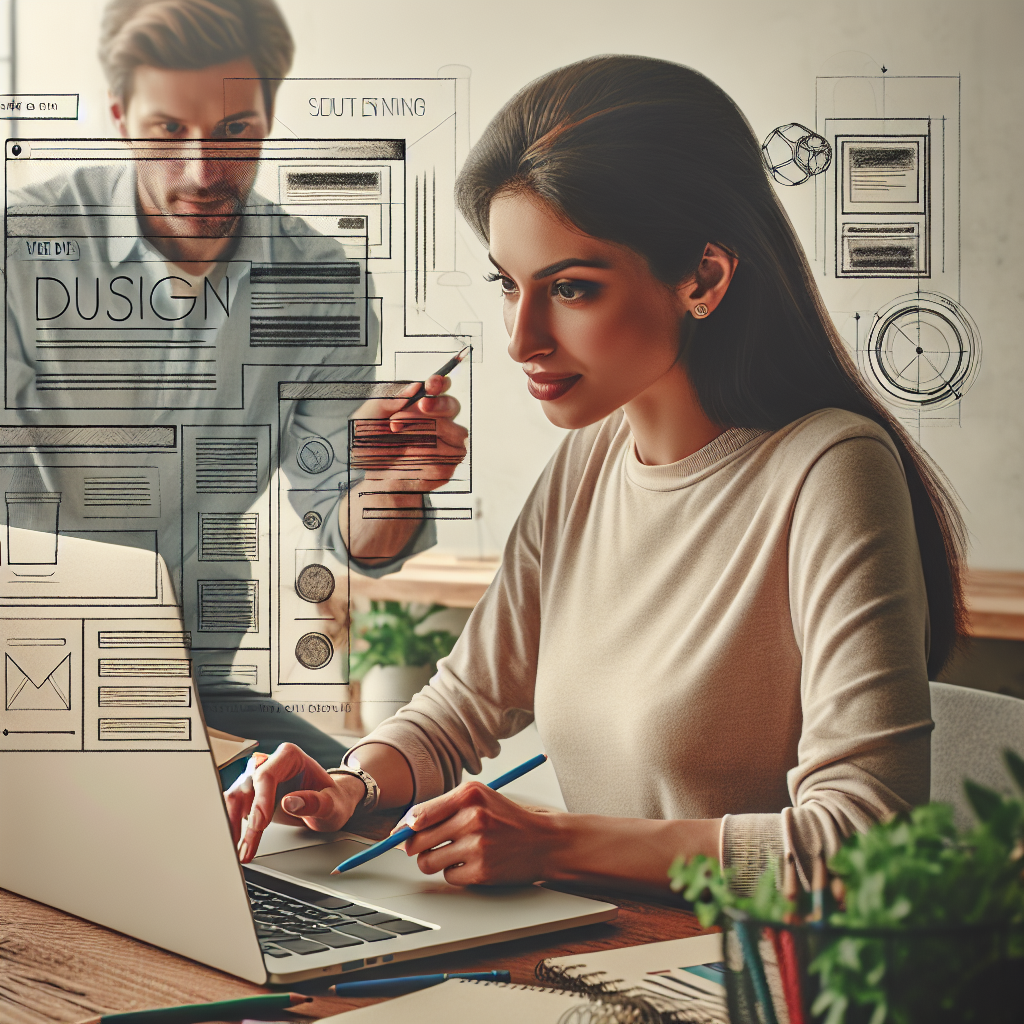 Image d'un designer travaillant sur un ordinateur portable avec des croquis de design web.