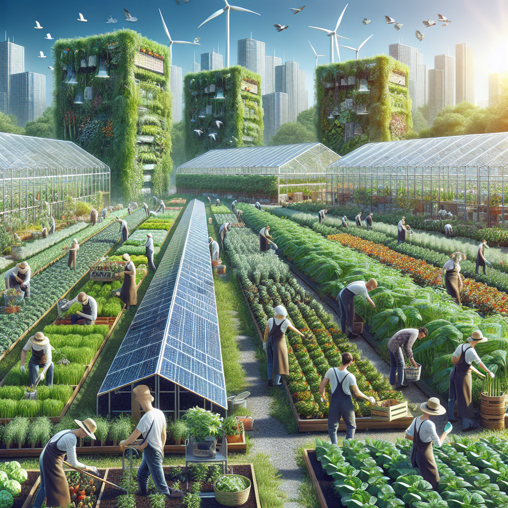 Image d'une ferme urbaine prospère avec des serres et des panneaux solaires.