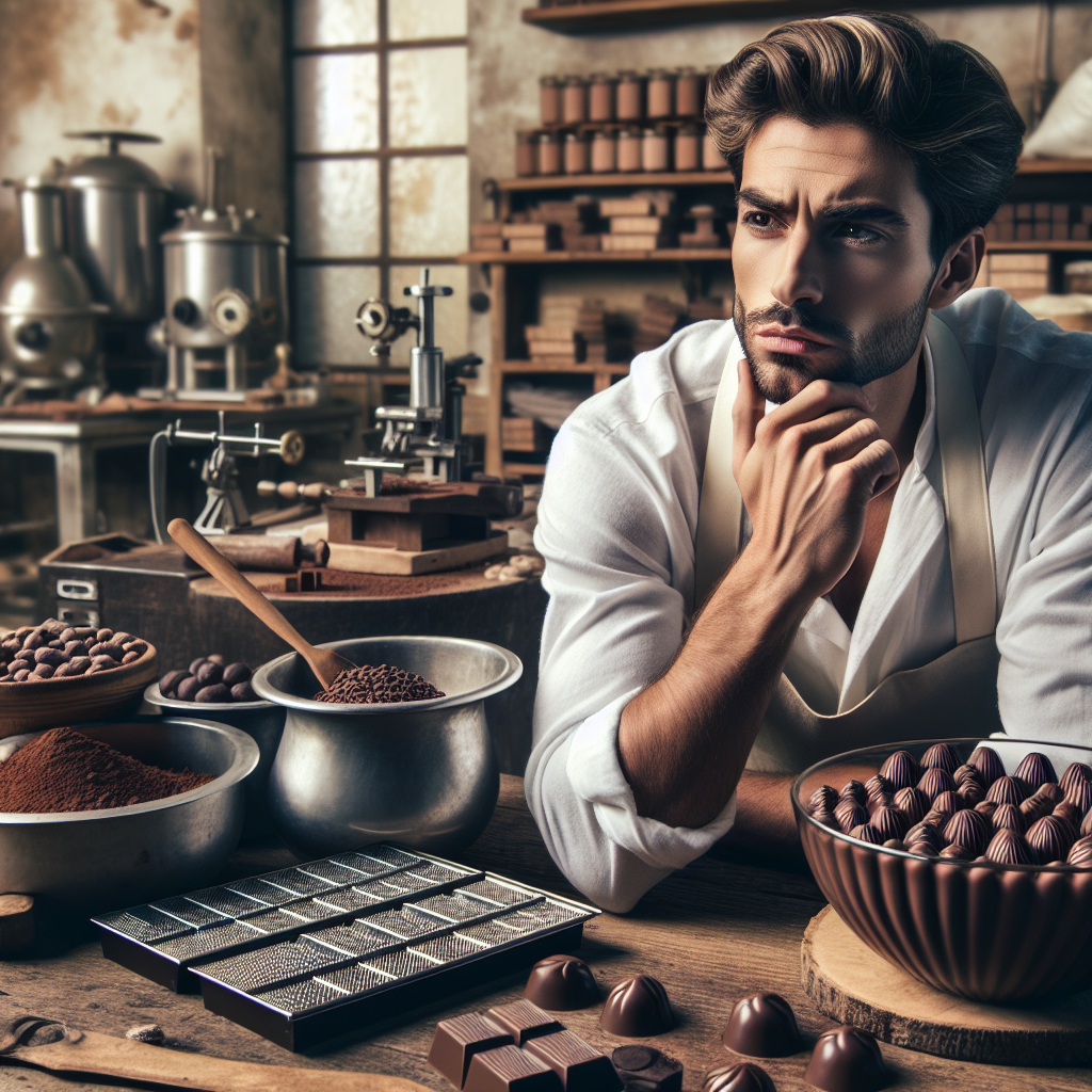 Un artisan chocolatier réfléchissant à un nom de domaine créatif pour son site web.