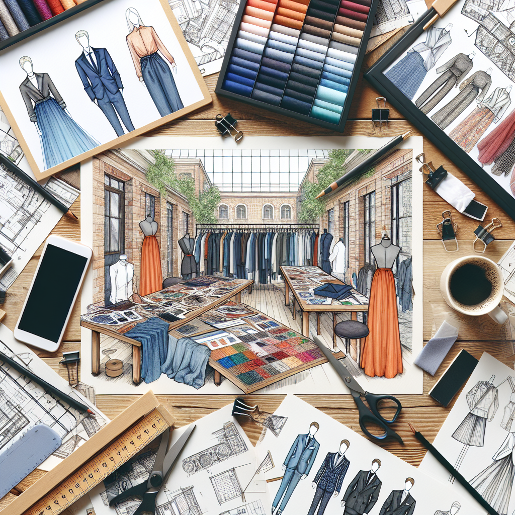 Un bureau de designer avec des échantillons de tissus et des croquis de mode.