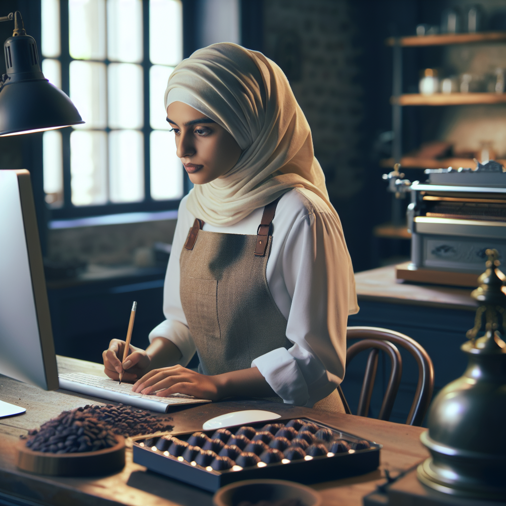 Un chocolatier écrivant un article de blog sur son ordinateur.