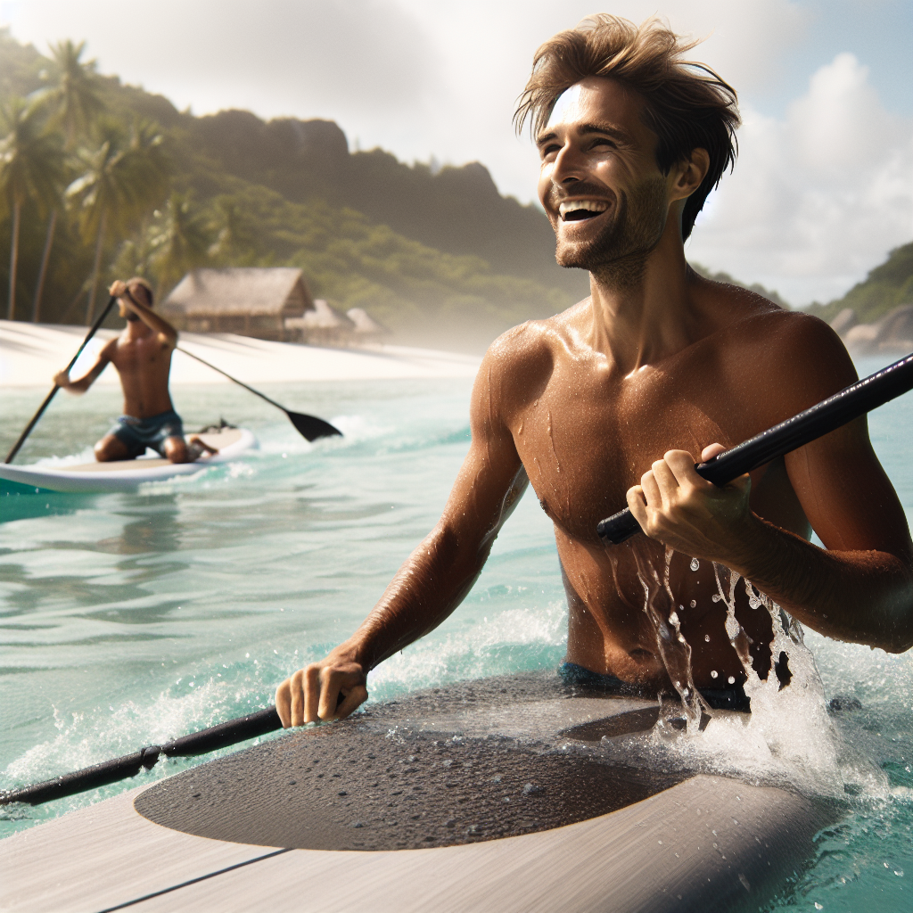 Un client satisfait utilisant du matériel de sport nautique.