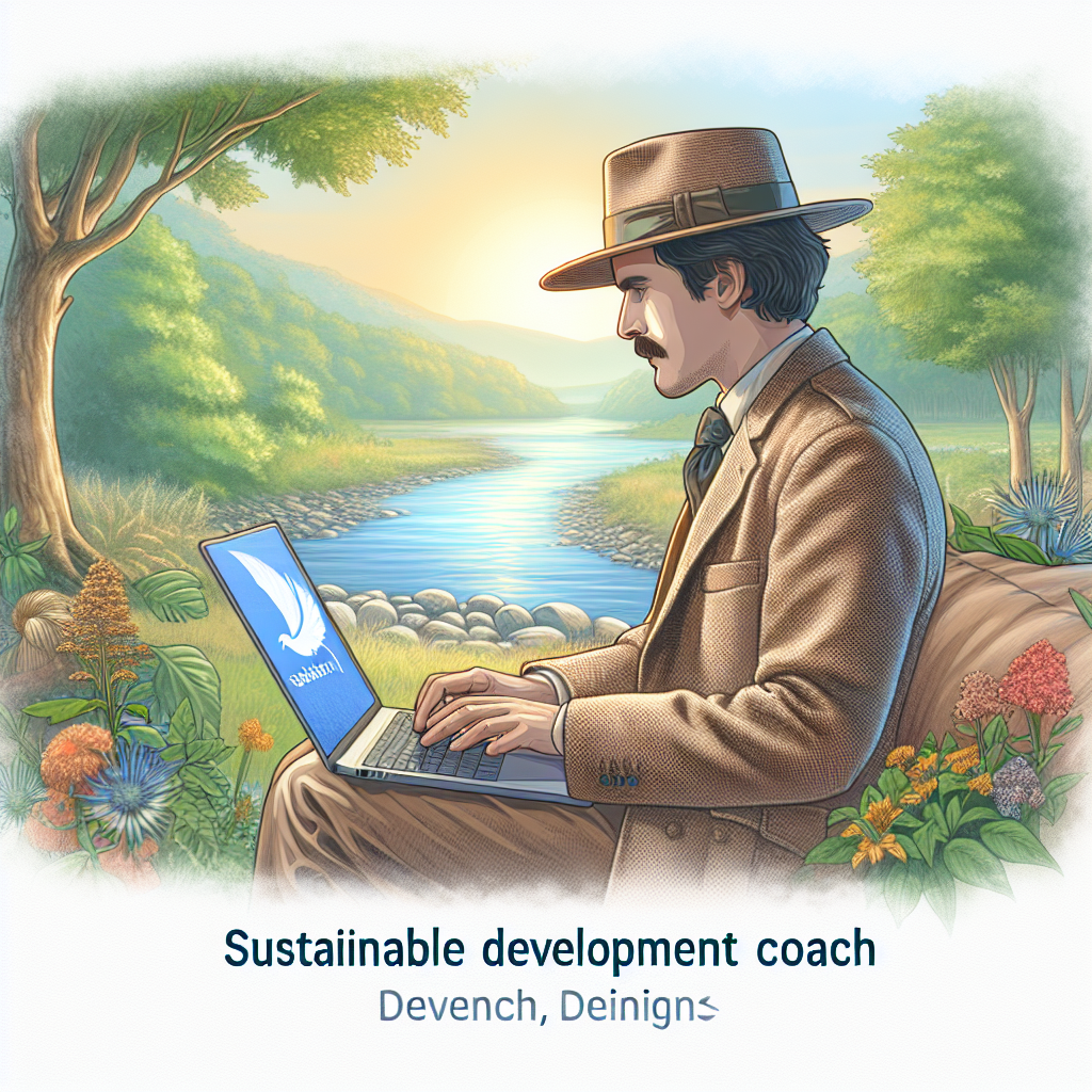 Un coach en développement durable travaillant sur un ordinateur portable dans un environnement naturel.