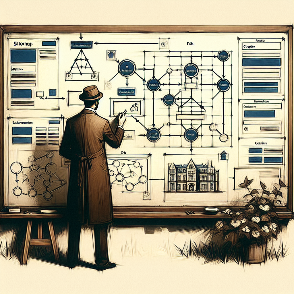 Un croquis d'arborescence de site web sur un tableau blanc.