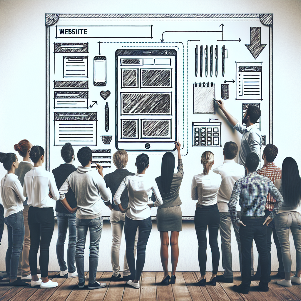 Un croquis de wireframe de site web sur un tableau blanc.