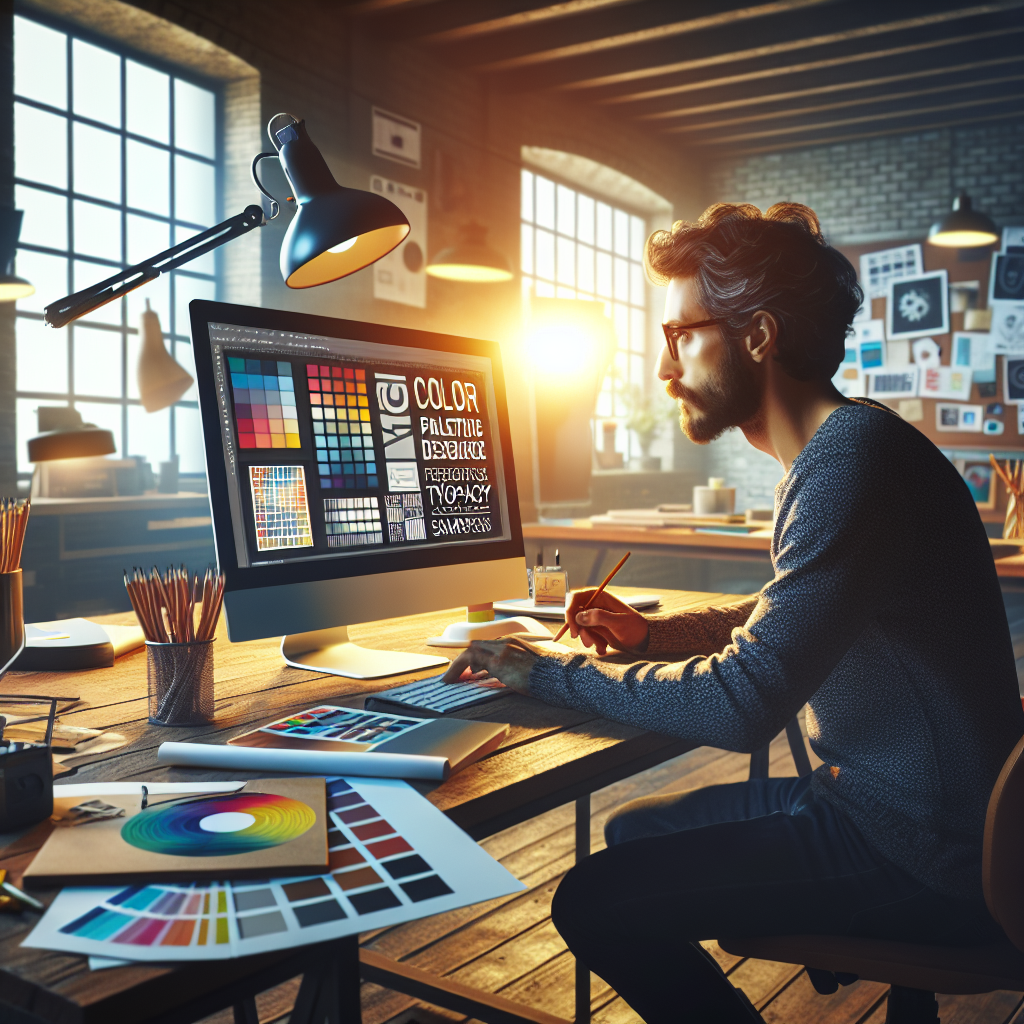Un designer travaillant sur un ordinateur avec des échantillons de couleurs et de typographies.