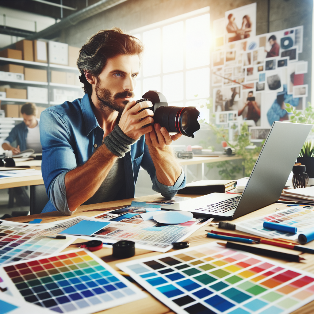 Un designer travaillant sur un ordinateur portable avec des échantillons de couleurs et de design.