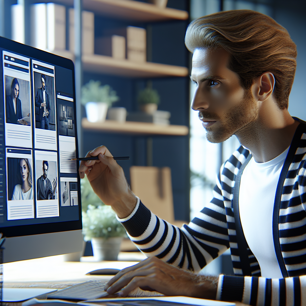 Un designer travaillant sur un ordinateur avec des échantillons de design de site web.