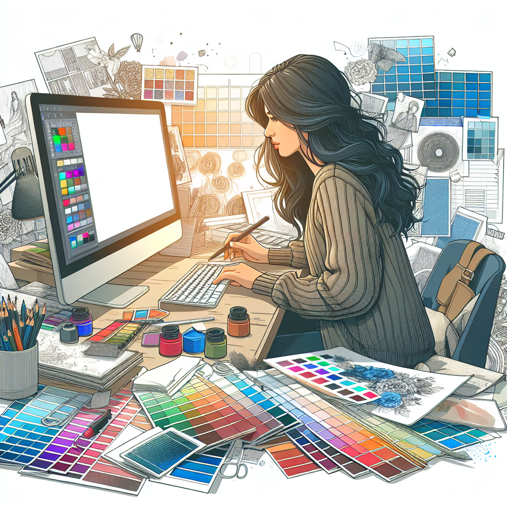 Un designer travaillant sur un ordinateur avec des échantillons de couleurs et des croquis.