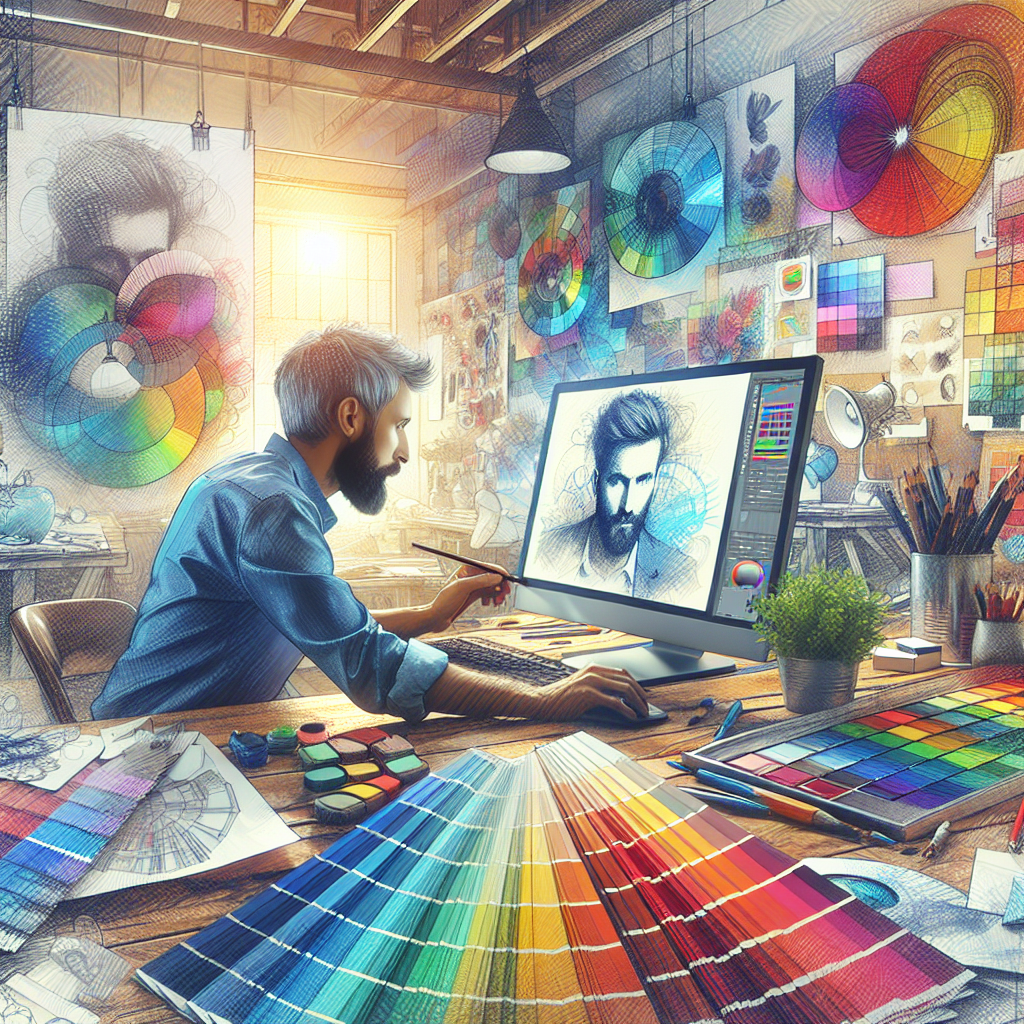 Un designer travaillant sur un ordinateur, entouré d'échantillons de couleurs et de croquis.