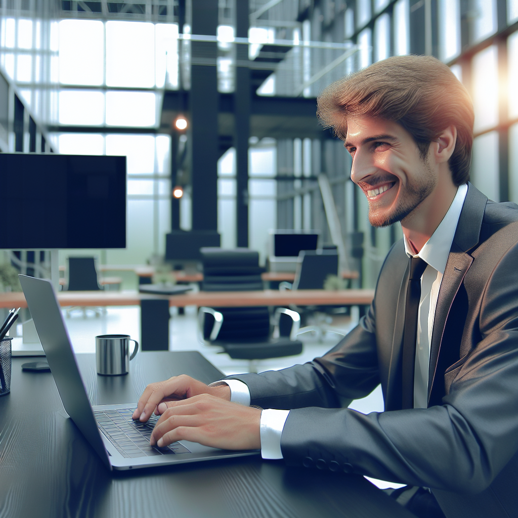 Un entrepreneur satisfait utilisant un ordinateur portable dans un environnement de bureau moderne.