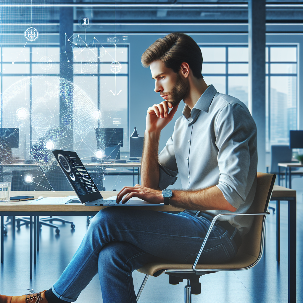 Un entrepreneur utilisant une plateforme no-code sur un ordinateur portable dans un bureau moderne.