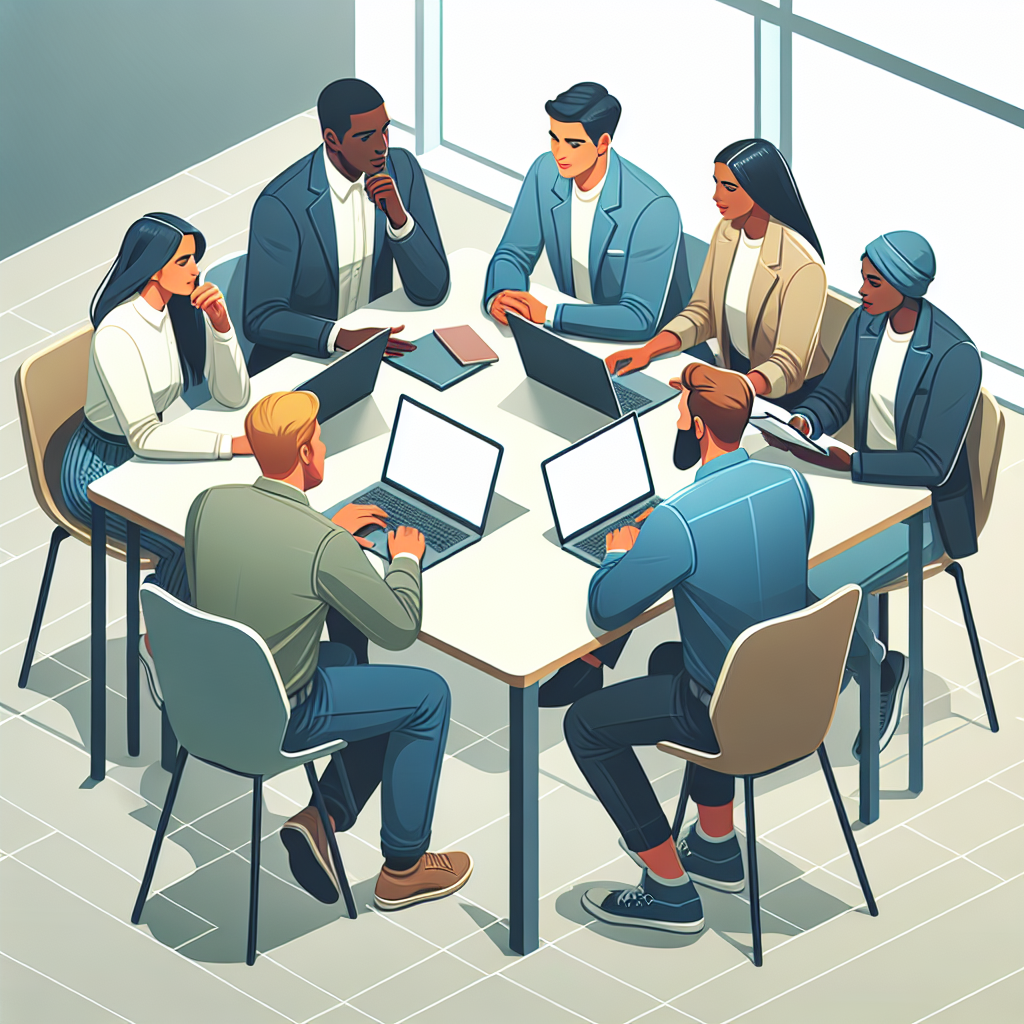 Un groupe de personnes discutant autour d'une table, avec des ordinateurs portables.