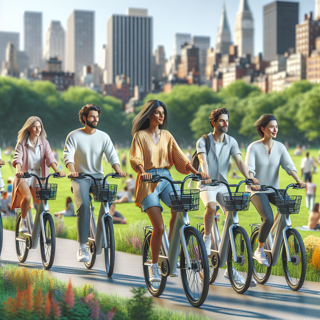 Un groupe diversifié de personnes utilisant des vélos électriques dans un parc urbain.
