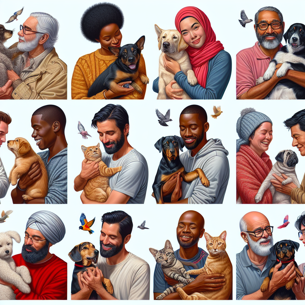 Un groupe diversifié de propriétaires d'animaux interagissant avec leurs animaux de compagnie.