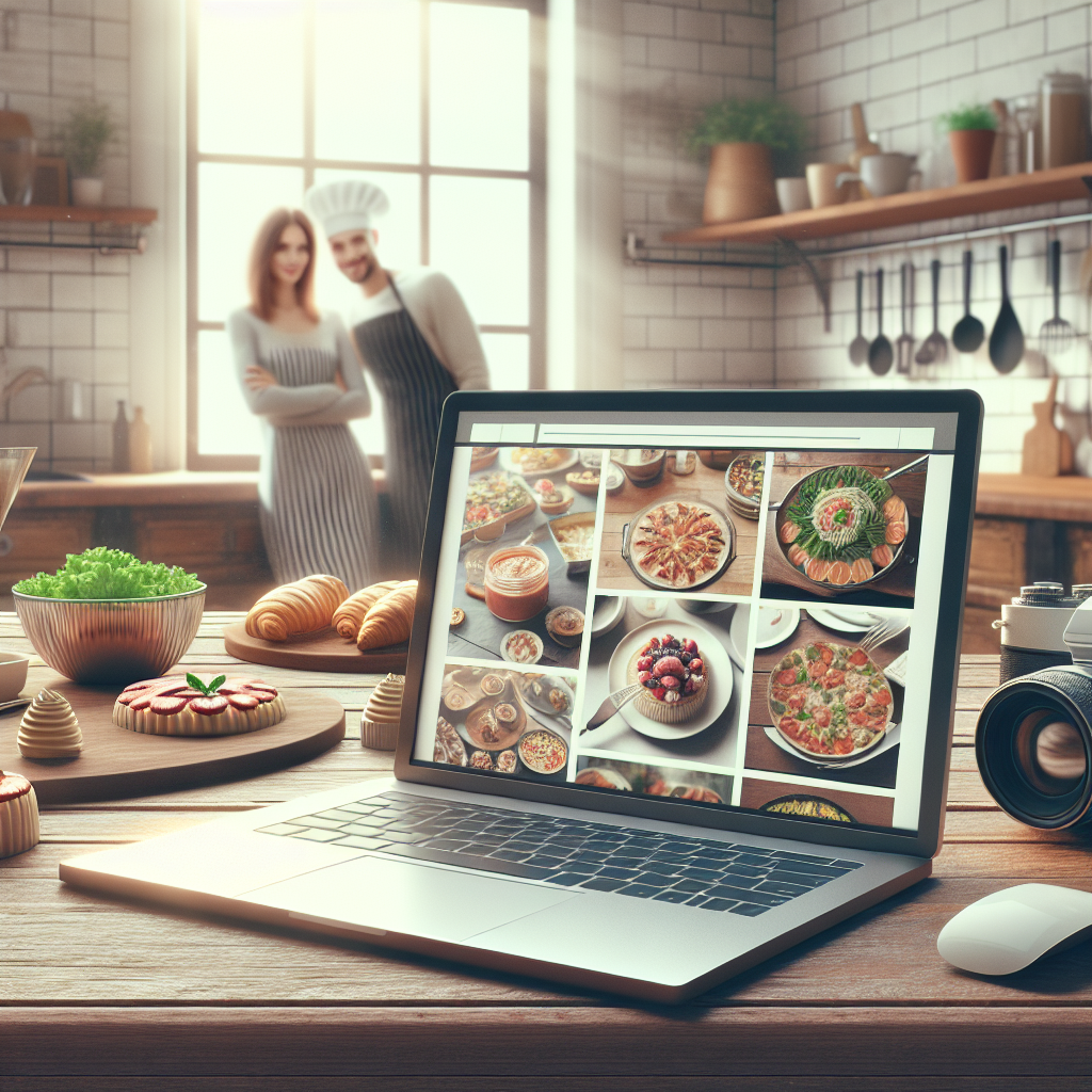 Un ordinateur portable ouvert sur une table de cuisine, affichant un site de photographie culinaire.
