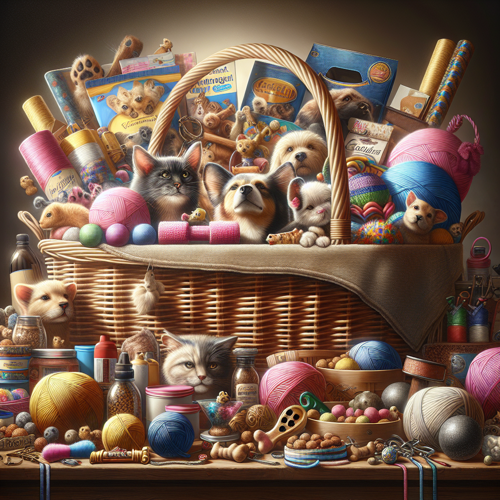 Un panier rempli de produits pour animaux de compagnie.