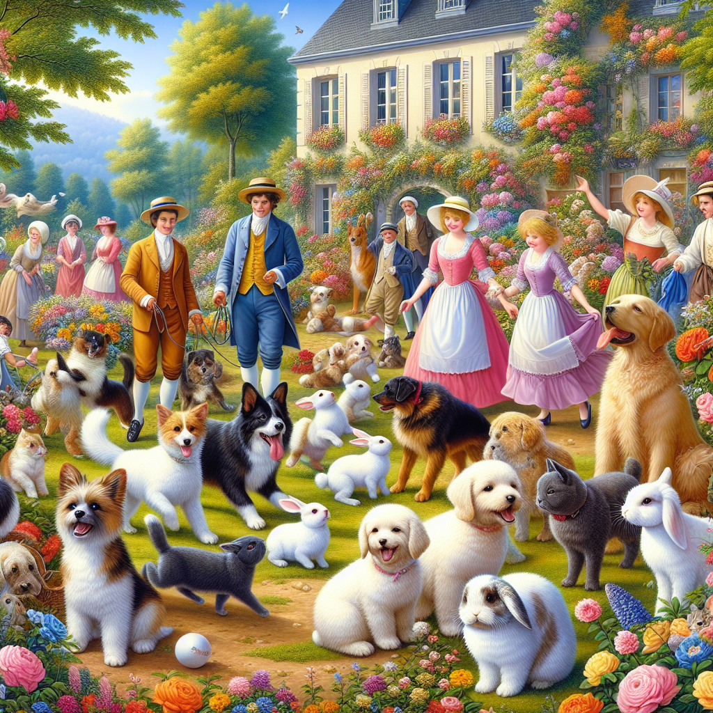 Un paysage avec des animaux de compagnie jouant dans un jardin.